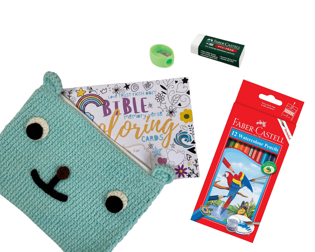 Love Trust Obey Scripture Coloring Cards for Kids with Crochet Animal Pencil Case by BBB