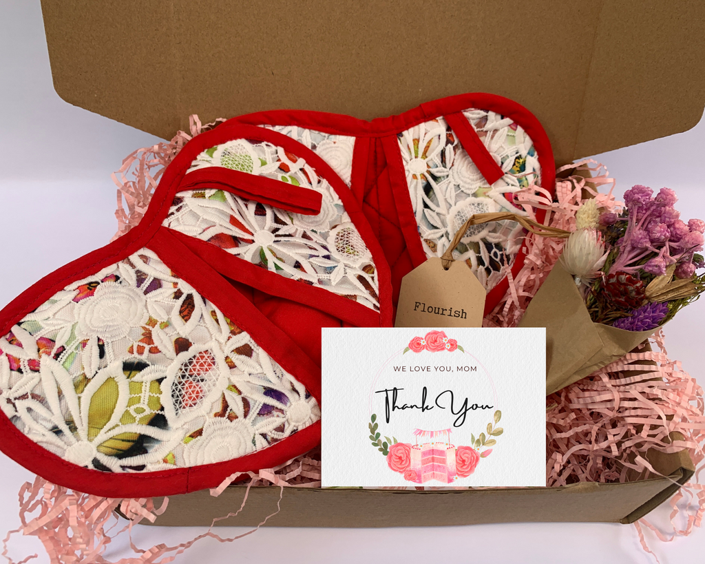 For a mum who loves baking: Handmade Heart-shaped Rainbow Floral Embroidery Lace Potholder-Oven Mitten-Placemat Gift Box